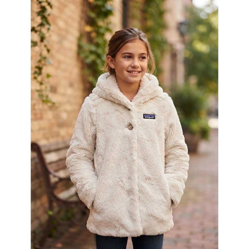 Patagonia Girls Los Gatos Hooded Fleece Coat Jacket Size L 12 Cream Fuzzy Winter